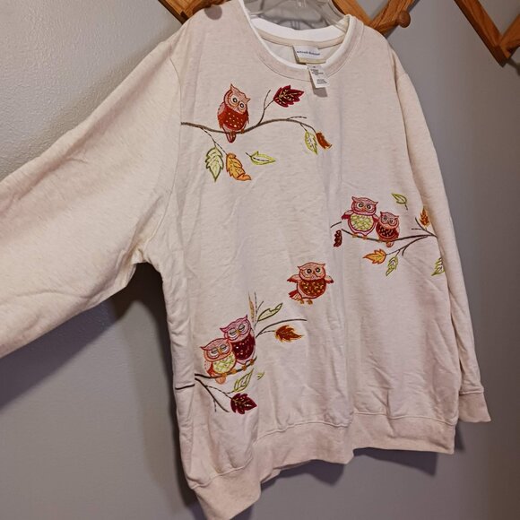 Alfred Dunner Embroidered Owls Fall Leaves Sweatshirt Oatmeal Tan Cottagecore 2X - Picture 6 of 7